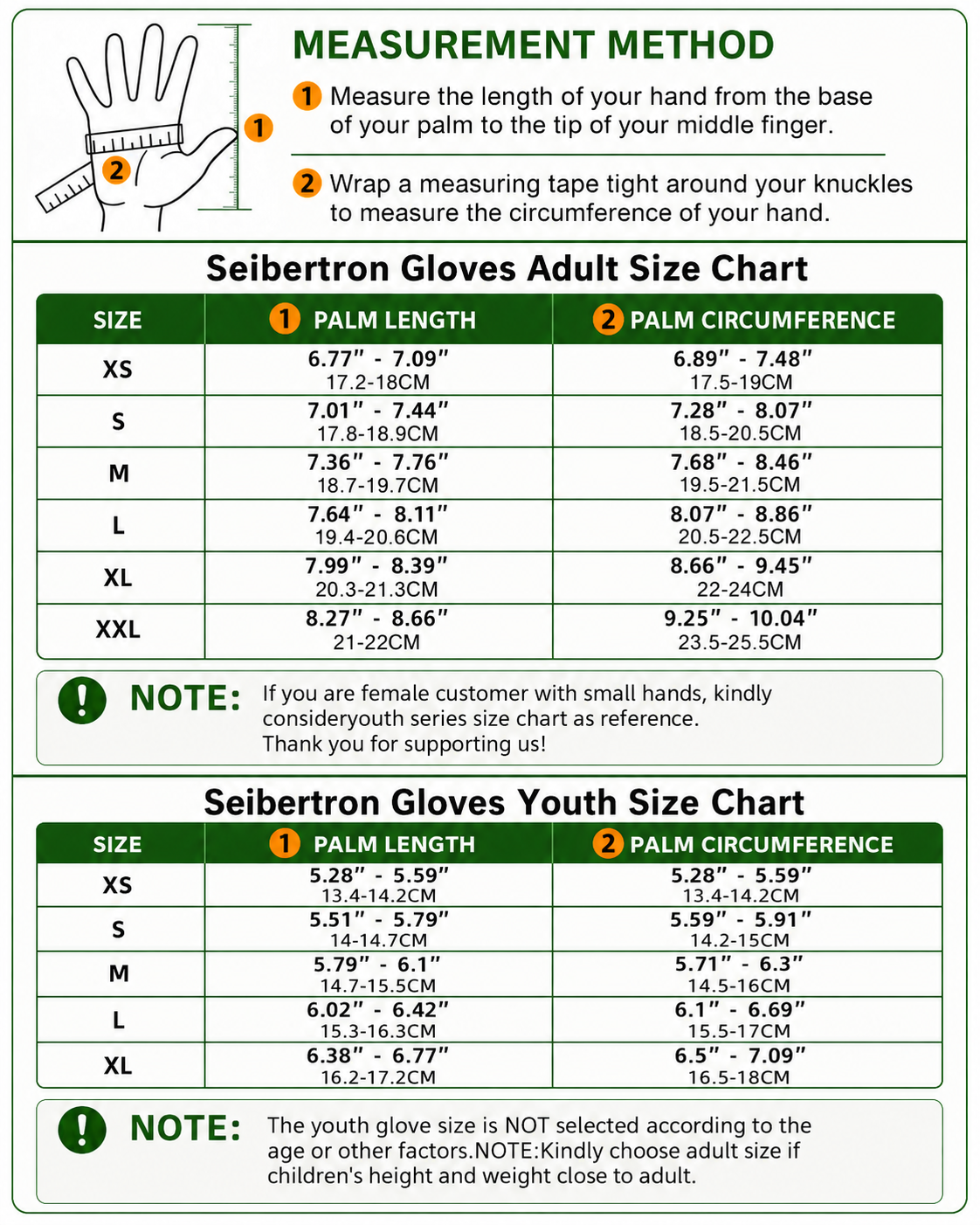 Seibertron B-A-R PRO 2.0 adult and youth baseball batting gloves size chart with hand measurement method