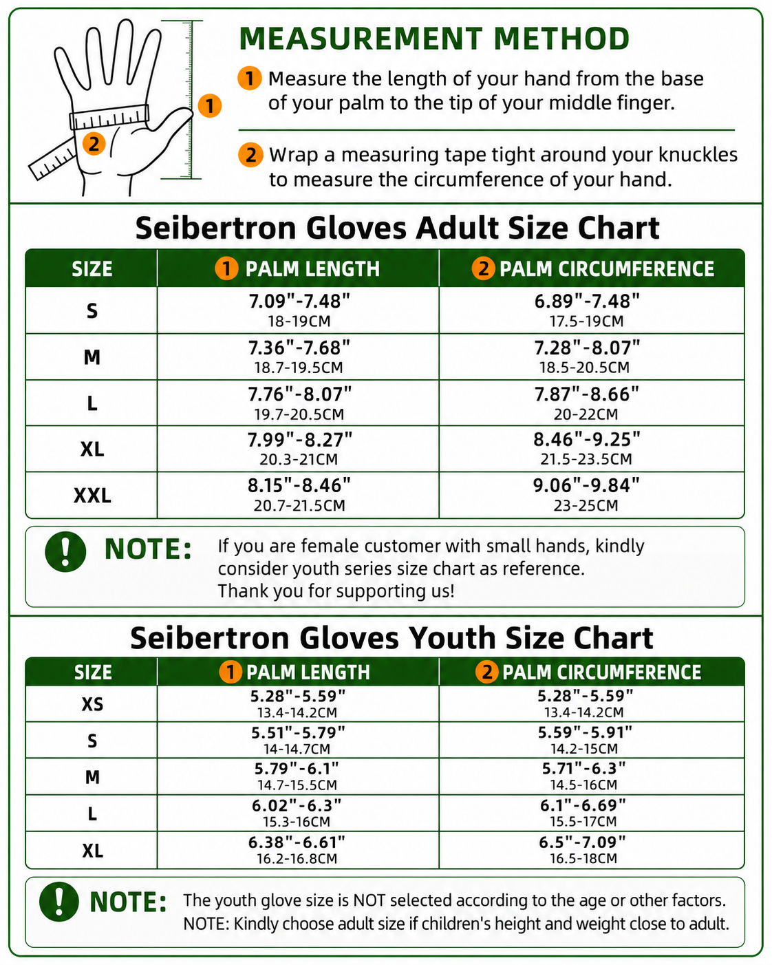 Seibertron 4X4 black driving gloves adult and youth size chart with hand measurement method