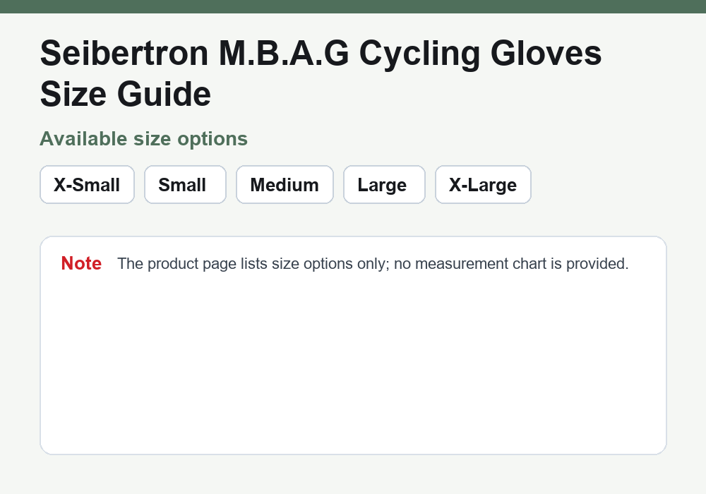Seibertron M.B.A.G cycling gloves size options guide