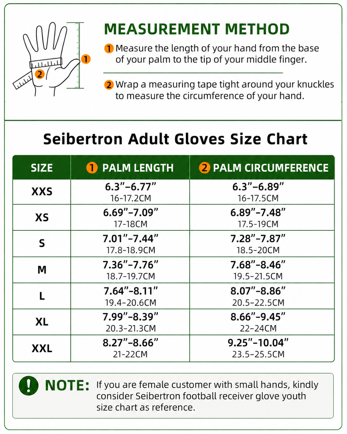 Seibertron S.O.L.A.G 2.0 tactical long finger adult gloves size chart with hand measurement method
