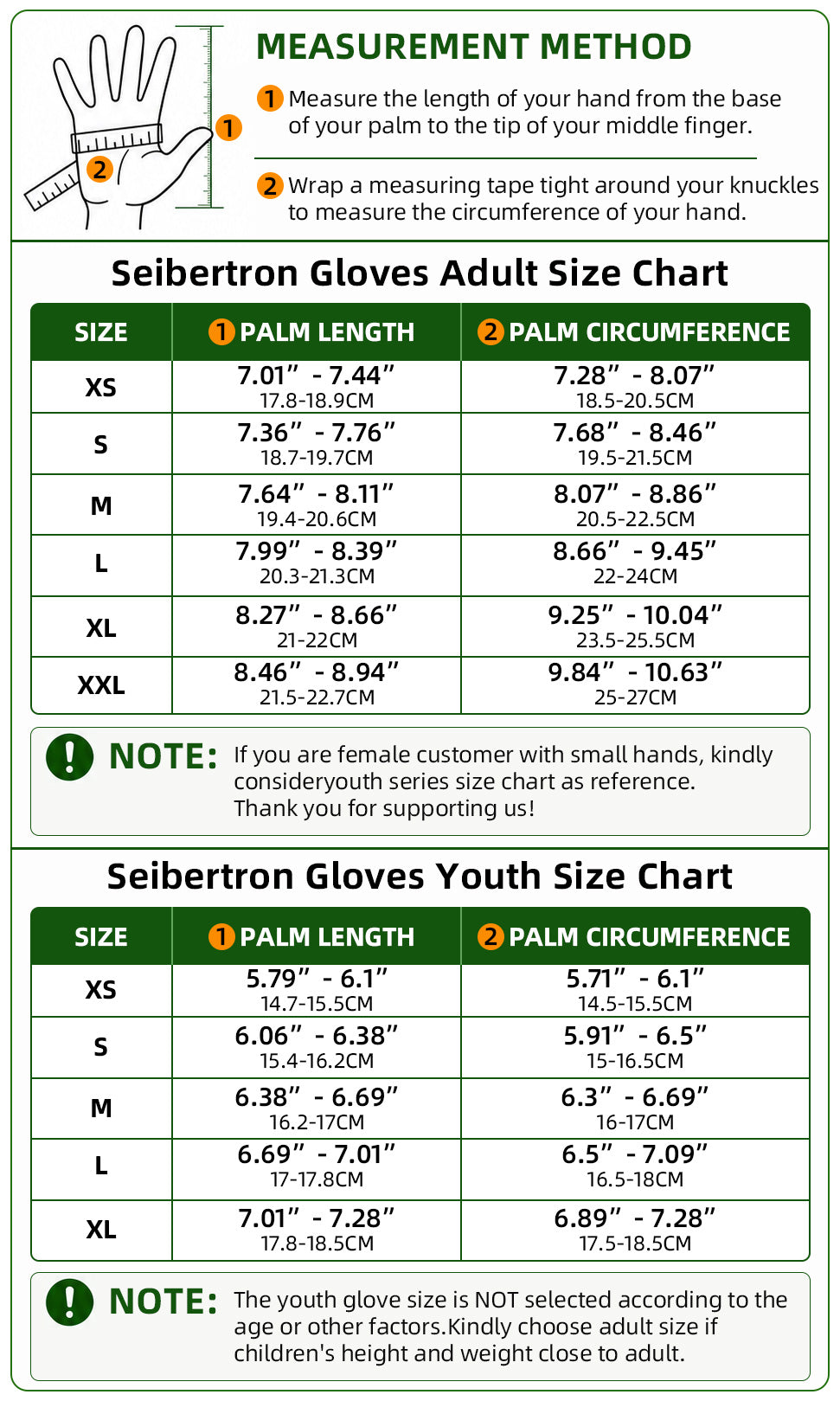 Seibertron SPS-3 adult and youth motorcycle gloves size chart with hand measurement method