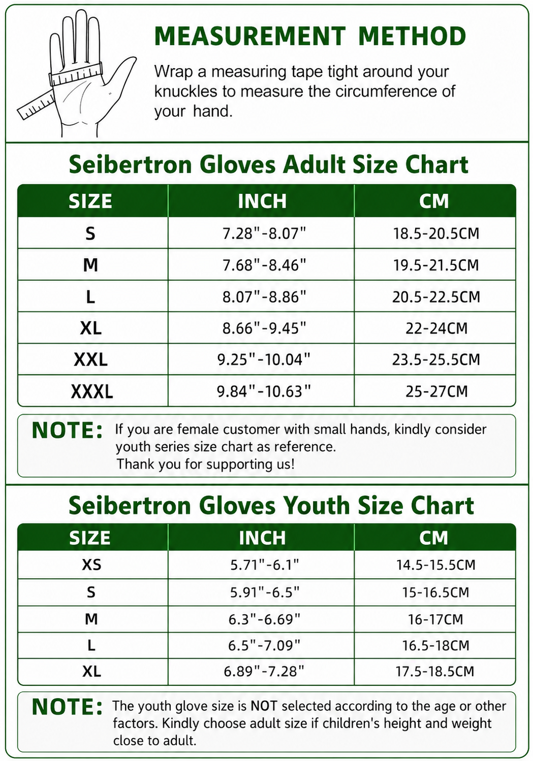 Seibertron SPS-9 half finger adult and youth motorcycle gloves size chart with palm circumference measurement method