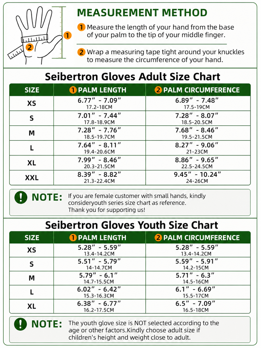 Seibertron S.P.S.G 1 adult and youth full finger sun protection gloves size chart