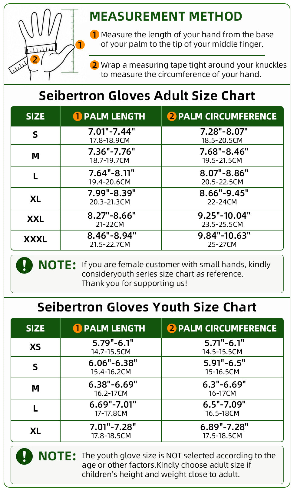 Seibertron SPS-2 Plus full finger adult and youth motorcycle gloves size chart