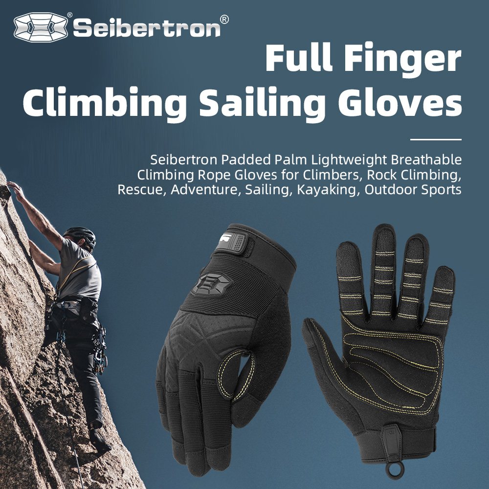 カラー：ブラック | Seibertron Full Finger Climbing Sailing Gloves フルフィンガー・パッド入りパーム・クライミングロープ用グローブ 画像 01