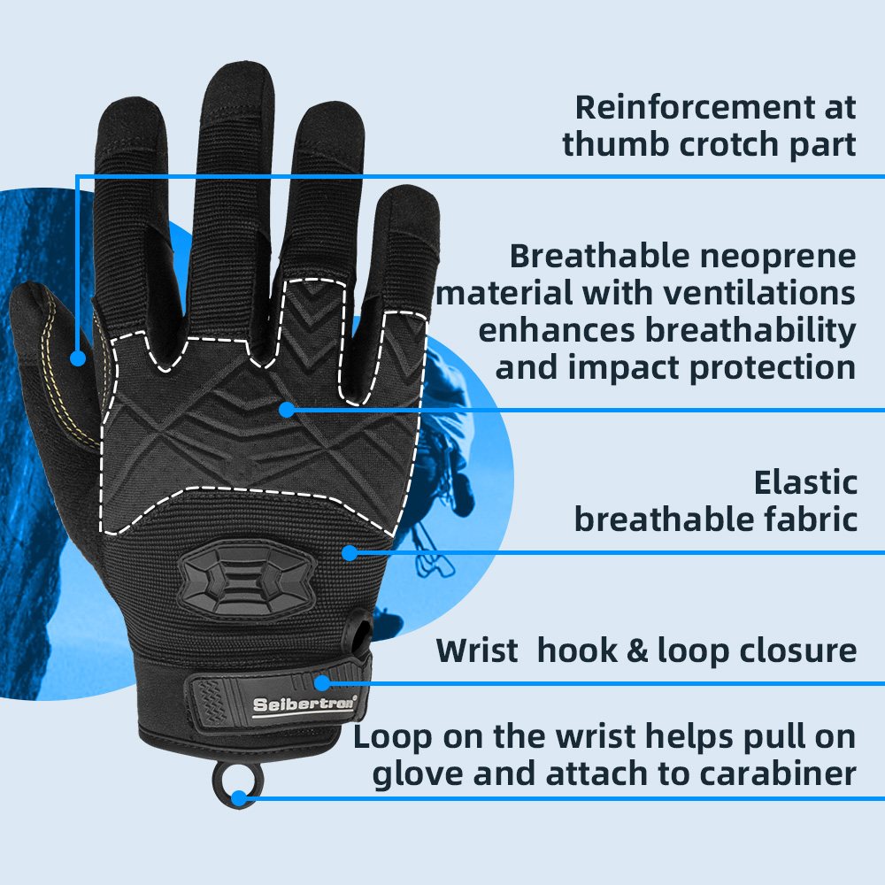 カラー：ブラック | Seibertron Full Finger Climbing Sailing Gloves フルフィンガー・パッド入りパーム・クライミングロープ用グローブ 画像 02