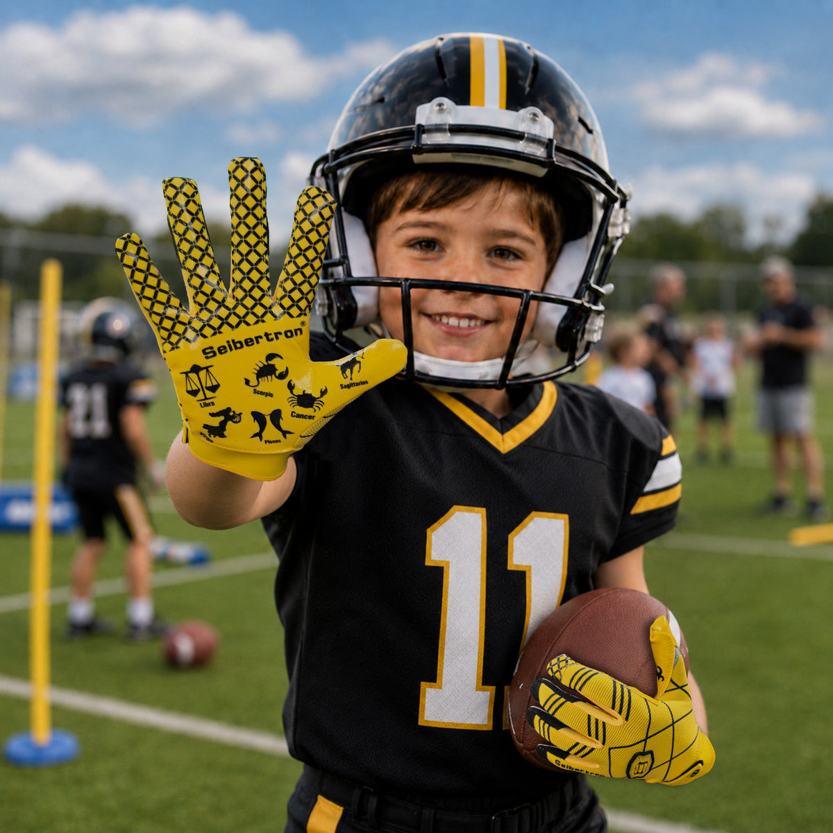 seibertron-gallery:pro3-adult-youth-zodiac-20260716 | product:8668804808894 | color:Yellow | group:Youth | slot:1 | Seibertron PRO 3.0 youth football receiver gloves yellow zodiac gallery 1