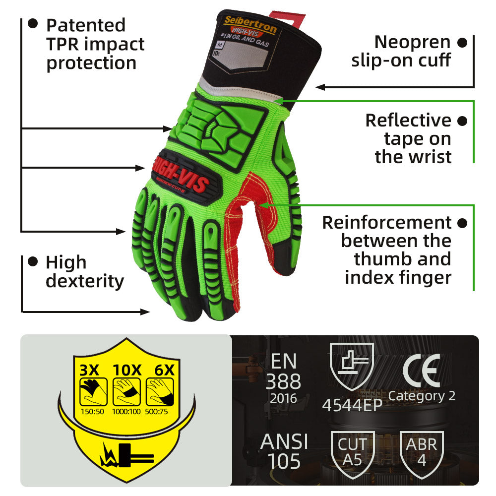 seibertron-gallery:hdc5-safety-gloves-20260715 | product:hdc5 | color:Green Red | slot:3 | Seibertron HIGH-VIS HDC5 safety gloves TPR impact protection and CE ANSI rating detail image