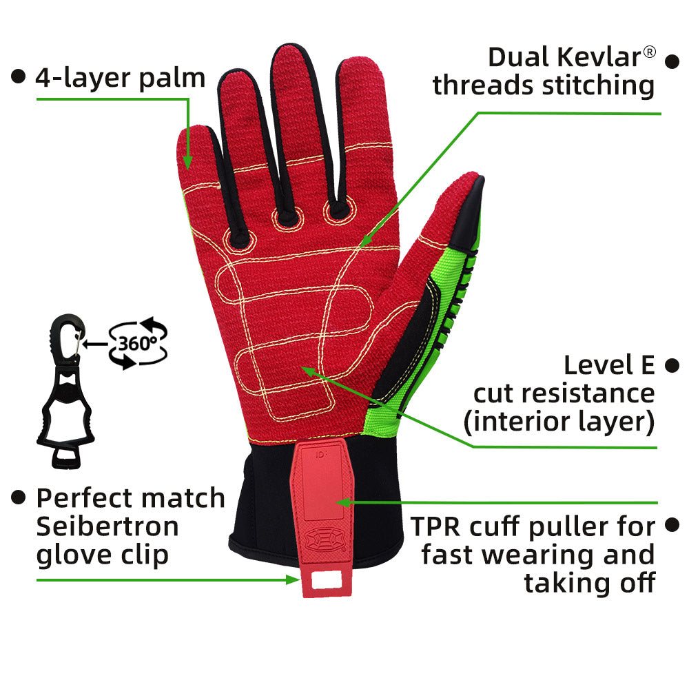 seibertron-gallery:hdc5-safety-gloves-20260715 | product:hdc5 | color:Green Red | slot:4 | Seibertron HIGH-VIS HDC5 safety gloves palm and glove clip detail image