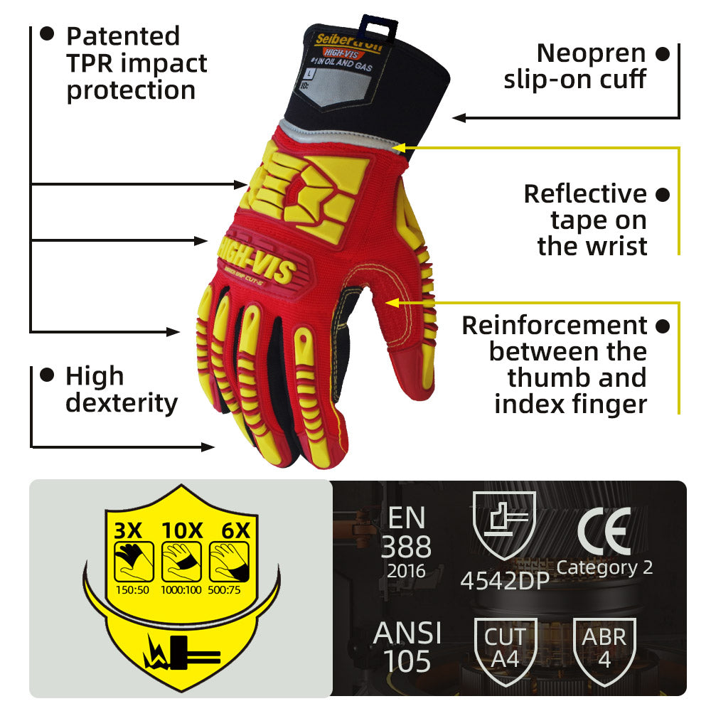 seibertron-gallery:hrc5-safety-gloves-20260715 | product:hrc5 | color:Red Yellow | slot:3 | Seibertron HIGH-VIS HRC5 安全手袋のTPR衝撃保護とCE ANSI定格の詳細画像