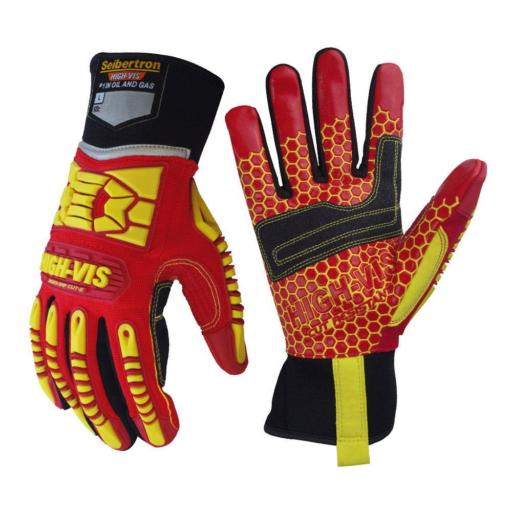 seibertron-gallery:hrc5-safety-gloves-20260715 | product:hrc5 | color:Red Yellow | slot:1 | Seibertron HIGH-VIS HRC5 安全手袋の白背景の製品画像