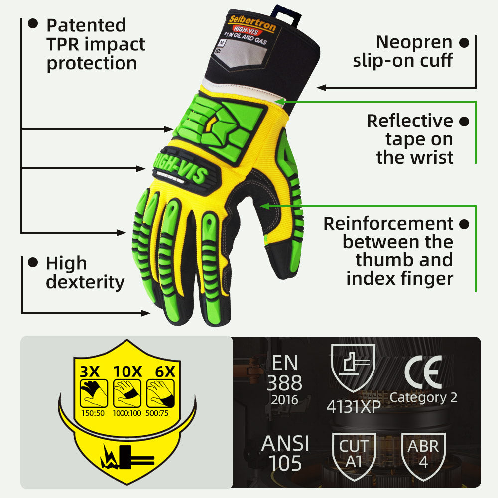 seibertron-gallery:sdxg2-safety-gloves-20260715 | product:sdxg2 | color:Yellow Green | slot:3 | Seibertron HIGH-VIS SDXG2安全手袋のTPR衝撃保護とCE・ANSI規格の詳細画像
