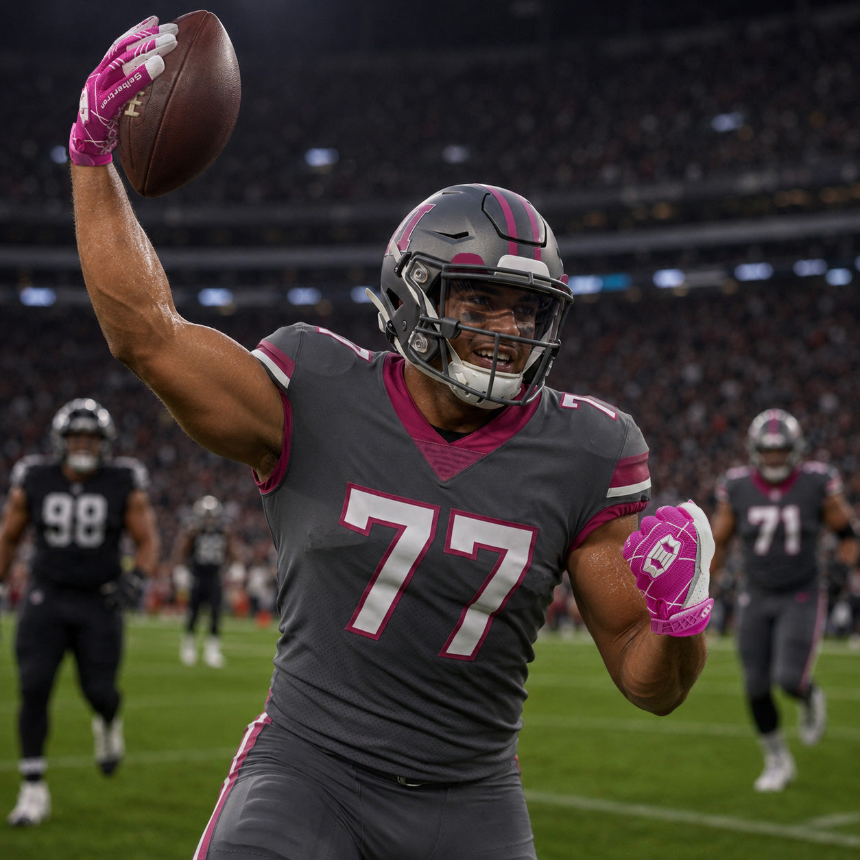seibertron-gallery:white-football-ai-color-groups-20260721 | product:8557666271422 | color:Pink | slot:4 | Seibertron 大人用ピンクフットボールレシーバーグローブ AIアクション画像 4