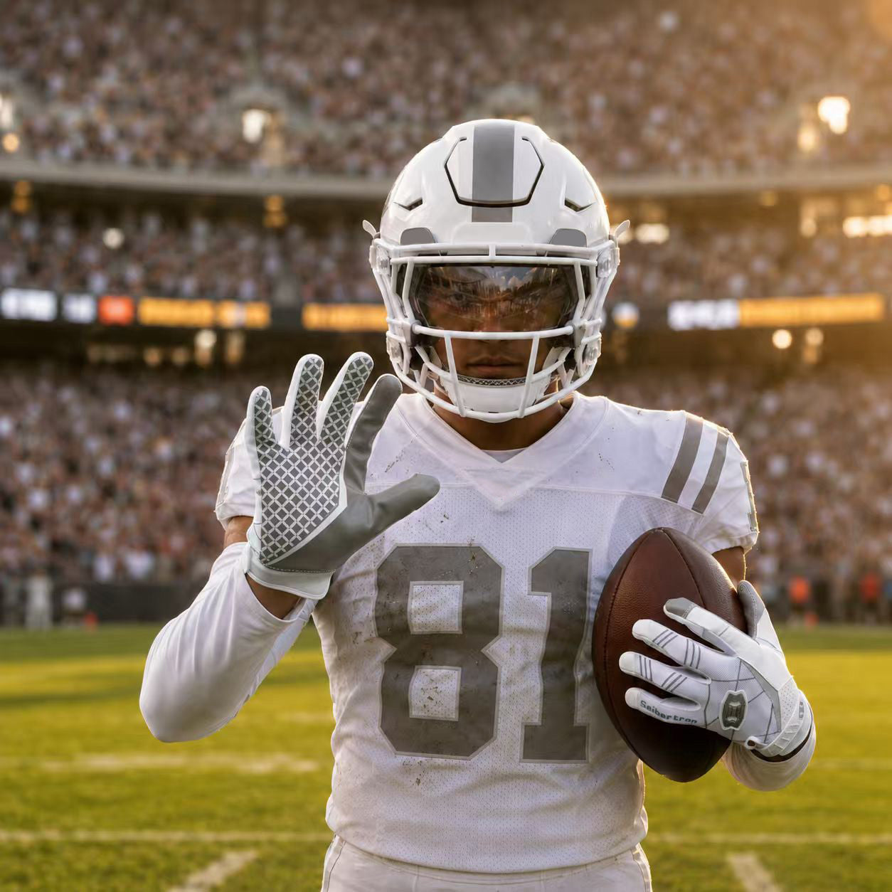 seibertron-gallery:white-football-ai-color-groups-20260721 | product:8557666271422 | color:White | slot:1 | Seibertron 大人用ホワイトフットボールレシーバーグローブ AIアクション画像 1