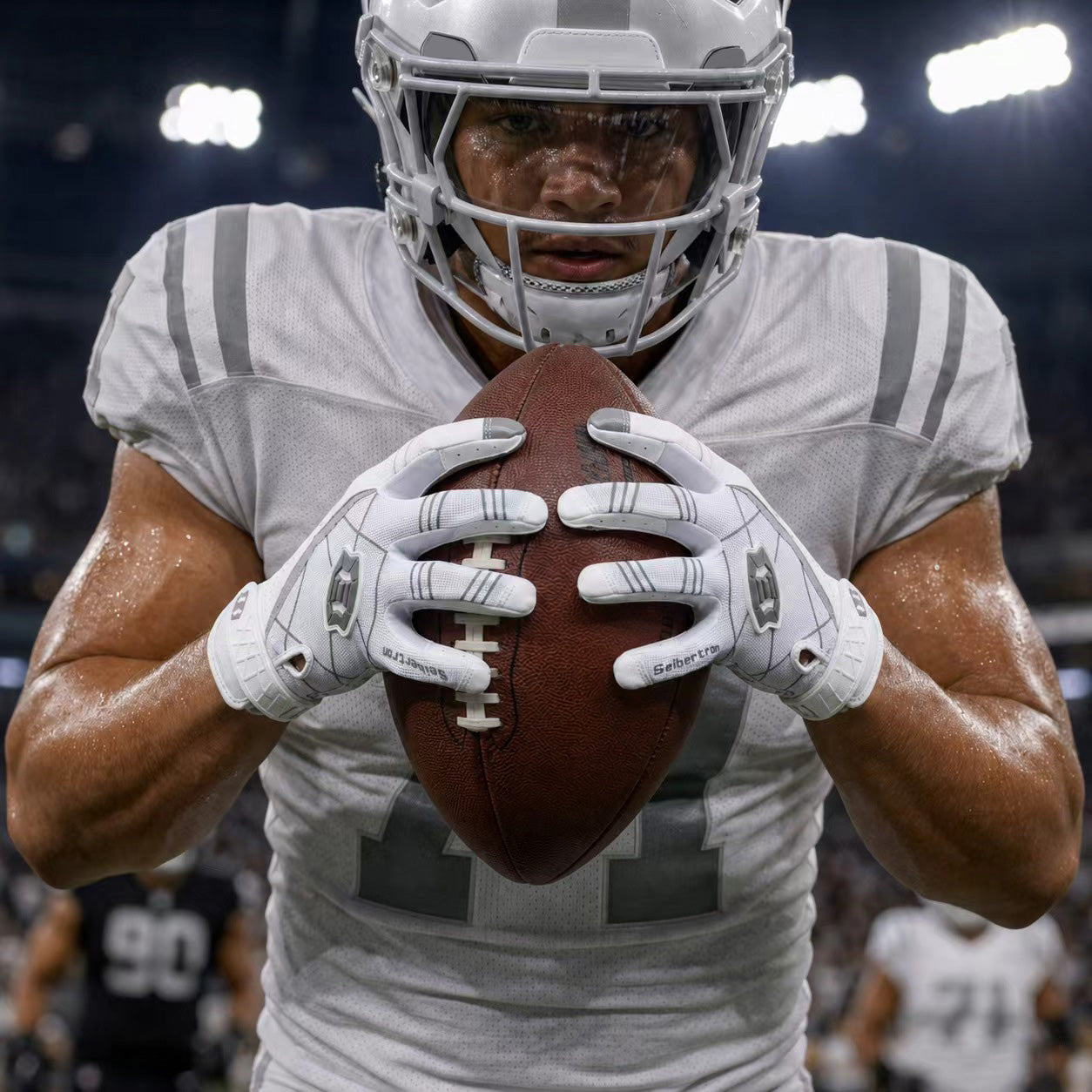 seibertron-gallery:white-football-ai-color-groups-20260721 | product:8557666271422 | color:White | slot:5 | Seibertron 大人用ホワイトフットボールレシーバーグローブ AIアクション画像 5