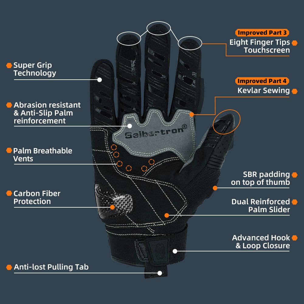 color:Black | Seibertron SPS2 Plus summer motorcycle gloves with carbon fiber knuckle protection image 03