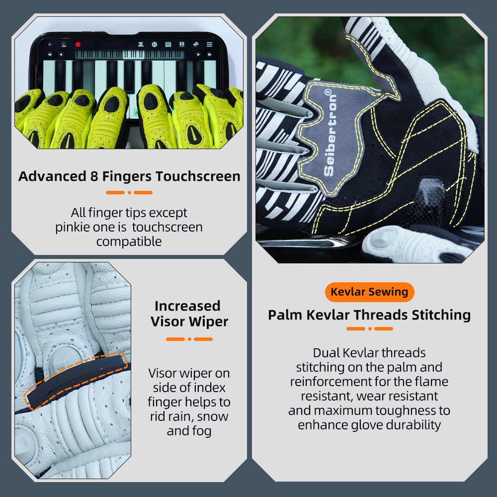 color:White | Seibertron SPS2 Plus summer motorcycle gloves with carbon fiber knuckle protection image 10