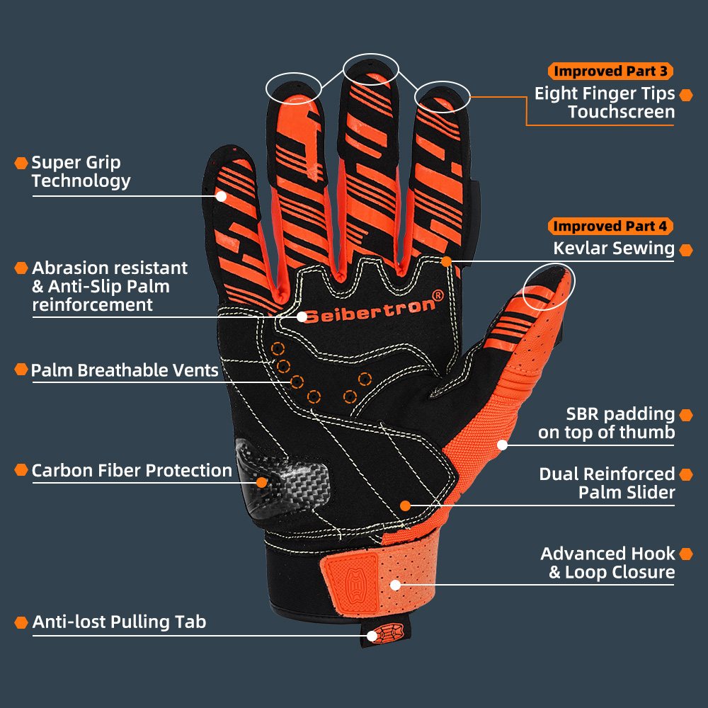 color:Orange | Seibertron SPS2 Plus summer motorcycle gloves with carbon fiber knuckle protection image 15