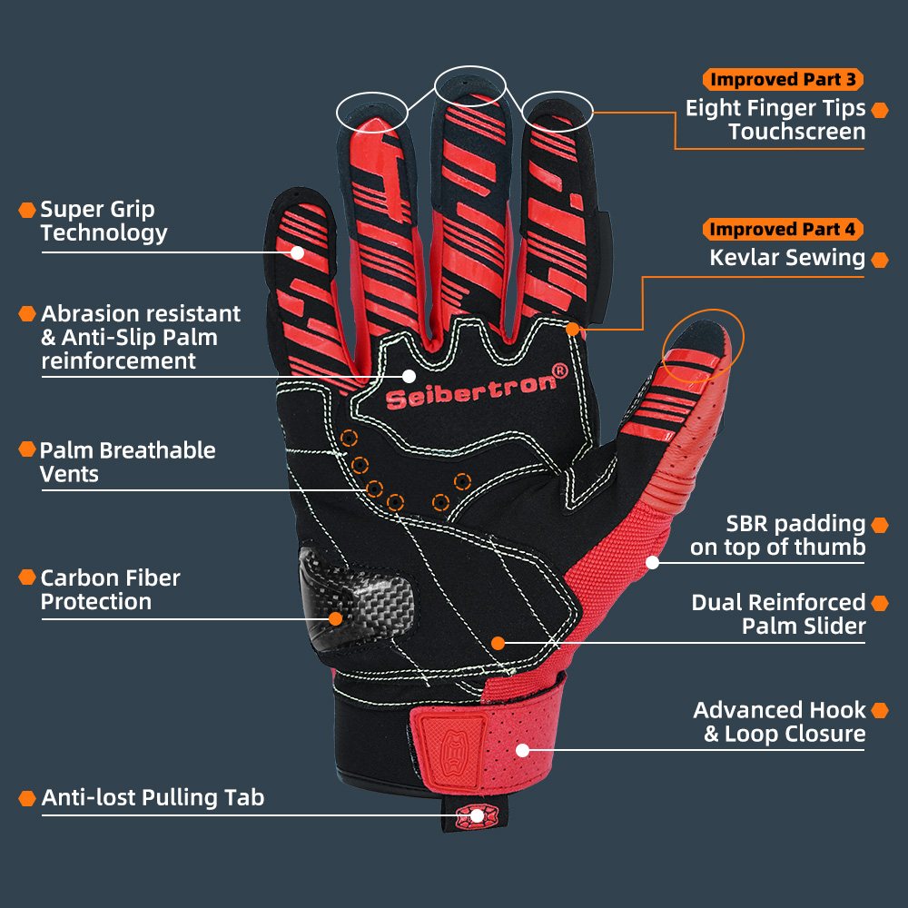 color:Red | Seibertron SPS2 Plus summer motorcycle gloves with carbon fiber knuckle protection image 27