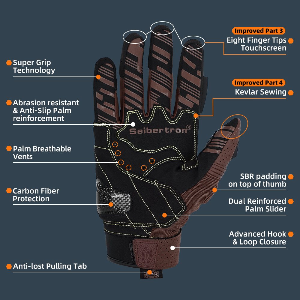 color:Brown | Seibertron SPS2 Plus summer motorcycle gloves with carbon fiber knuckle protection image 39