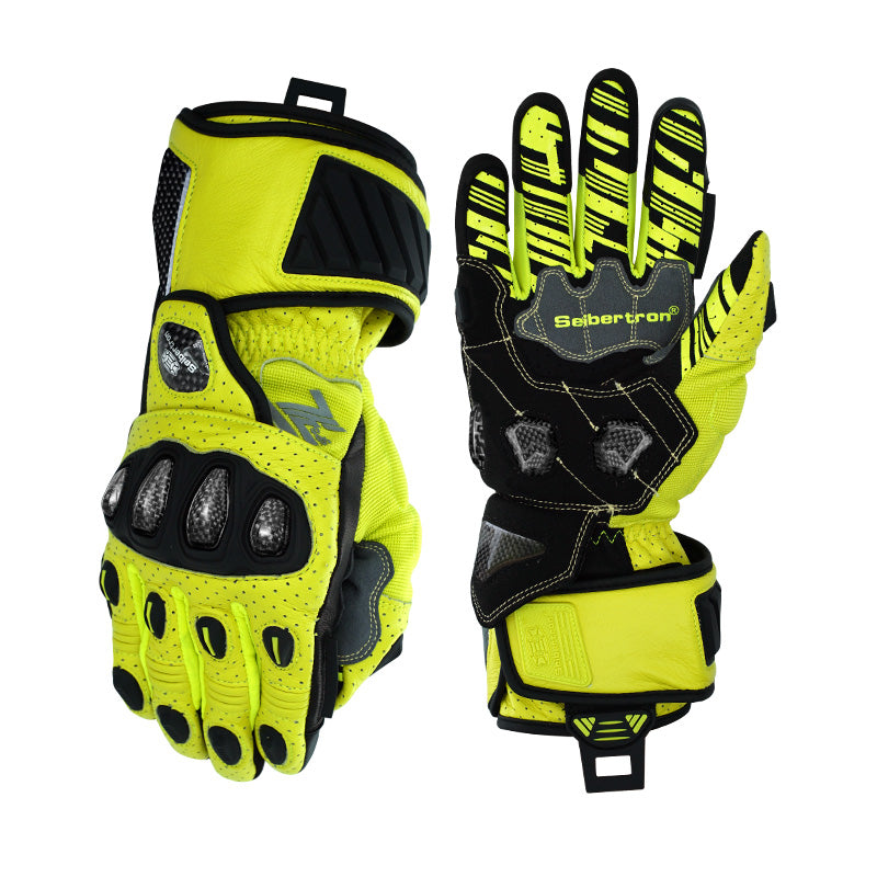 Seibertron SPS-7L long-cuff motorcycle racing gloves in Fluorescent Yellow