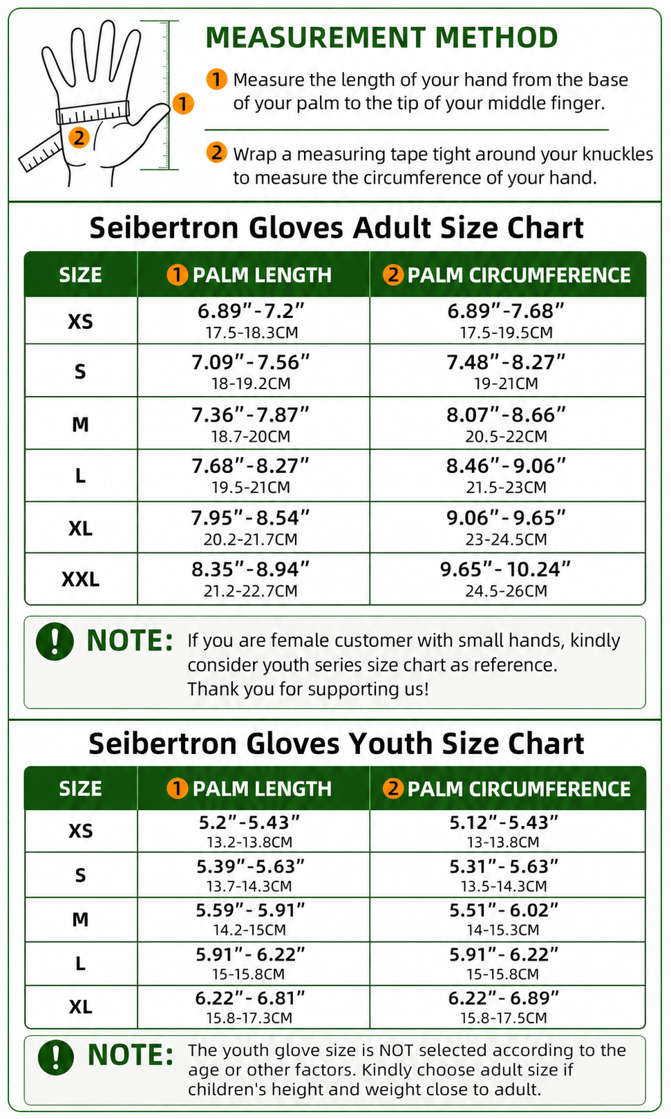 Seibertron Dirtpaw adult and youth motocross gloves size chart with hand measurement method