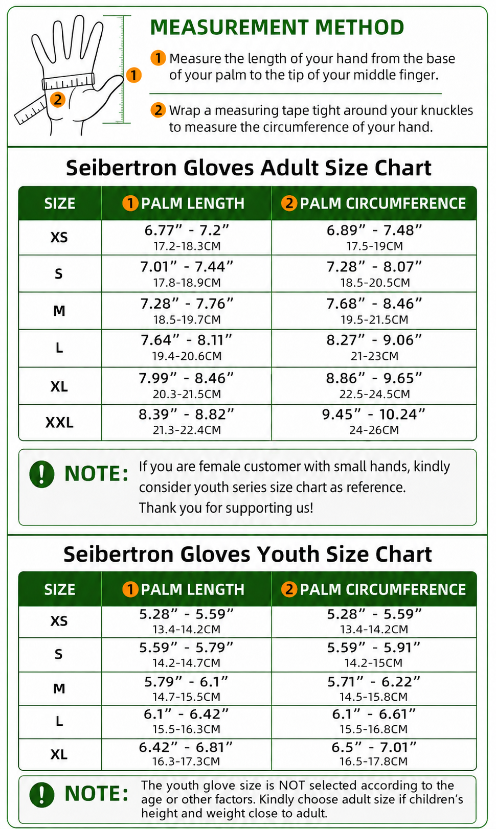 Seibertron G.A.R.G 2.0 adult and youth football gloves size chart with hand measurement method