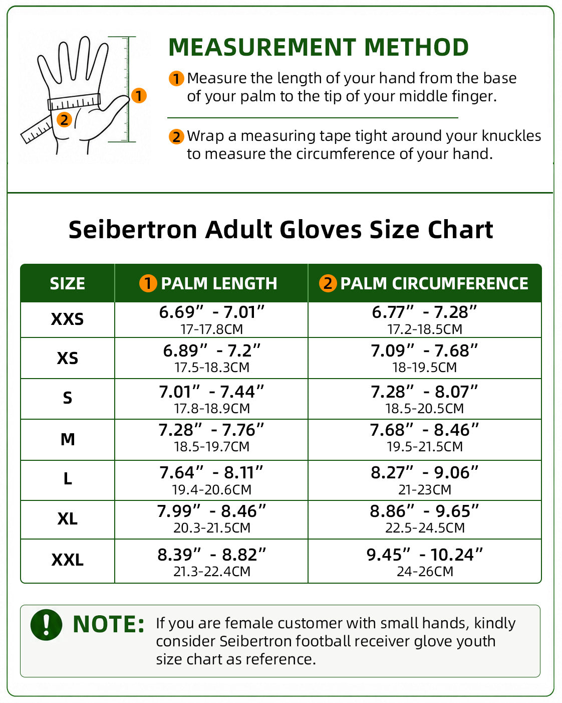 Seibertron adult football gloves size chart with hand measurement method, palm length, and palm circumference