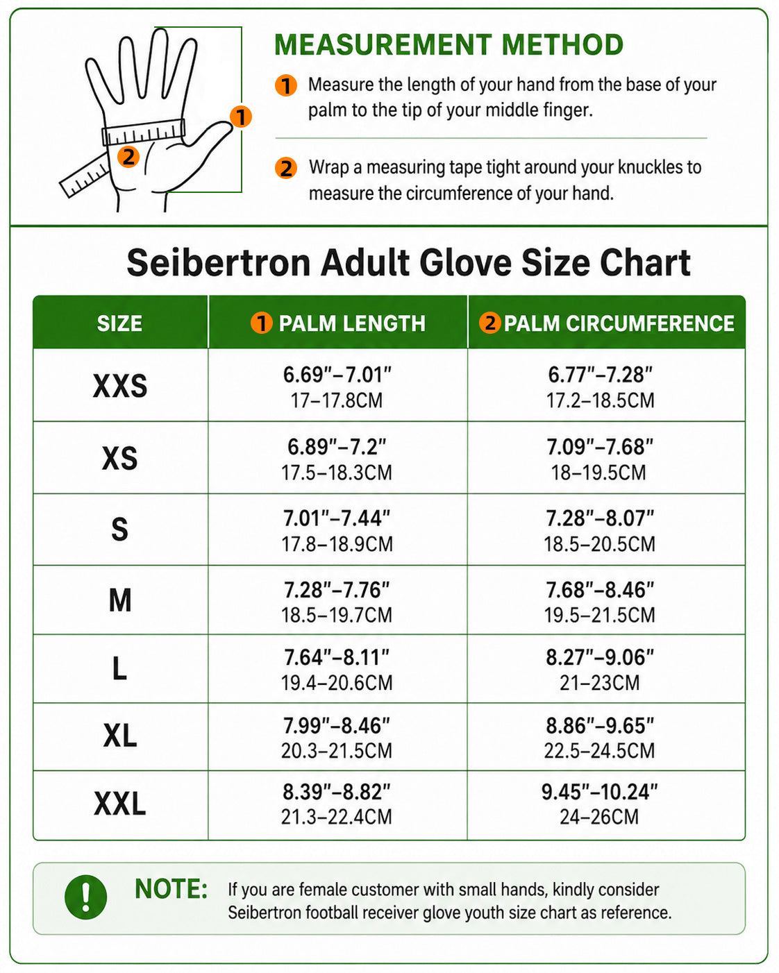 Seibertron H.P.I.L.G football lineman gloves unisex size chart