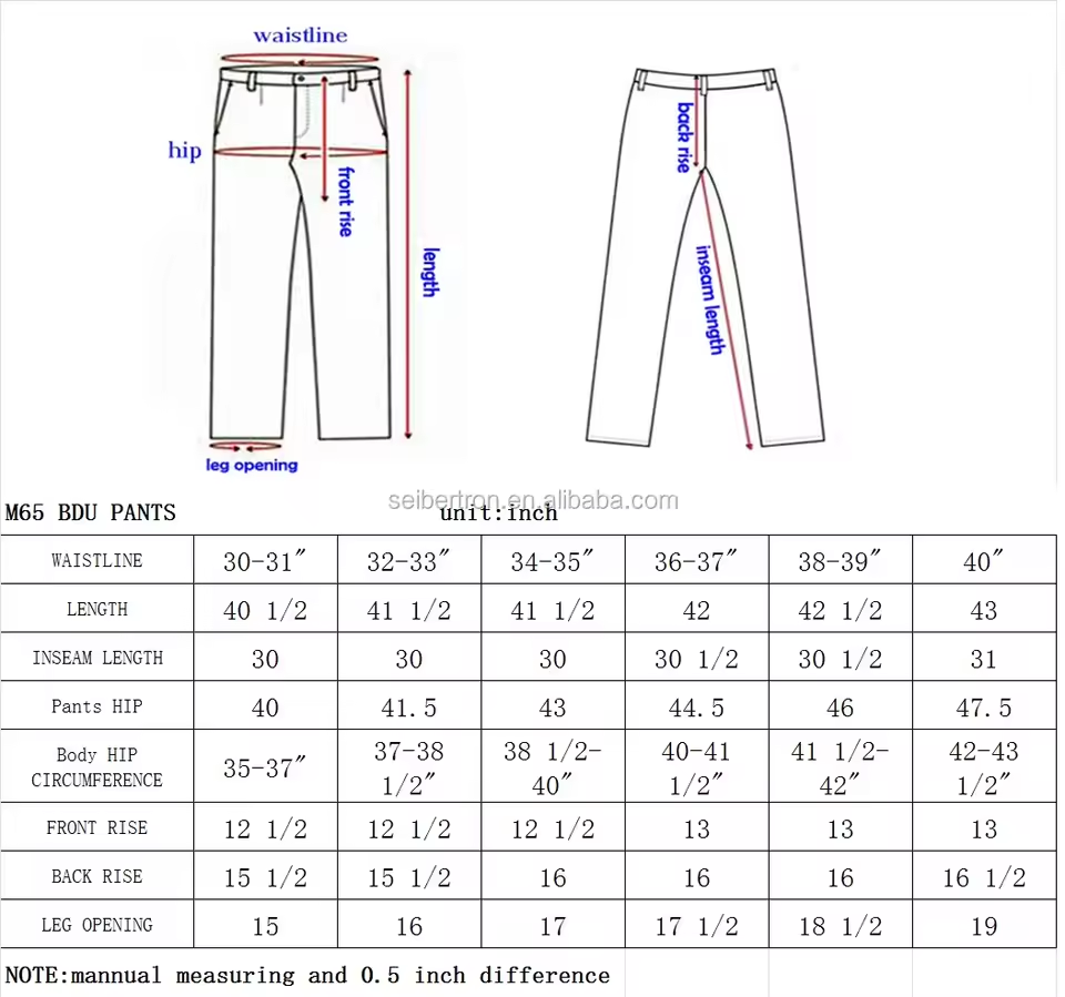 Seibertron M65 BDU tactical pants size chart