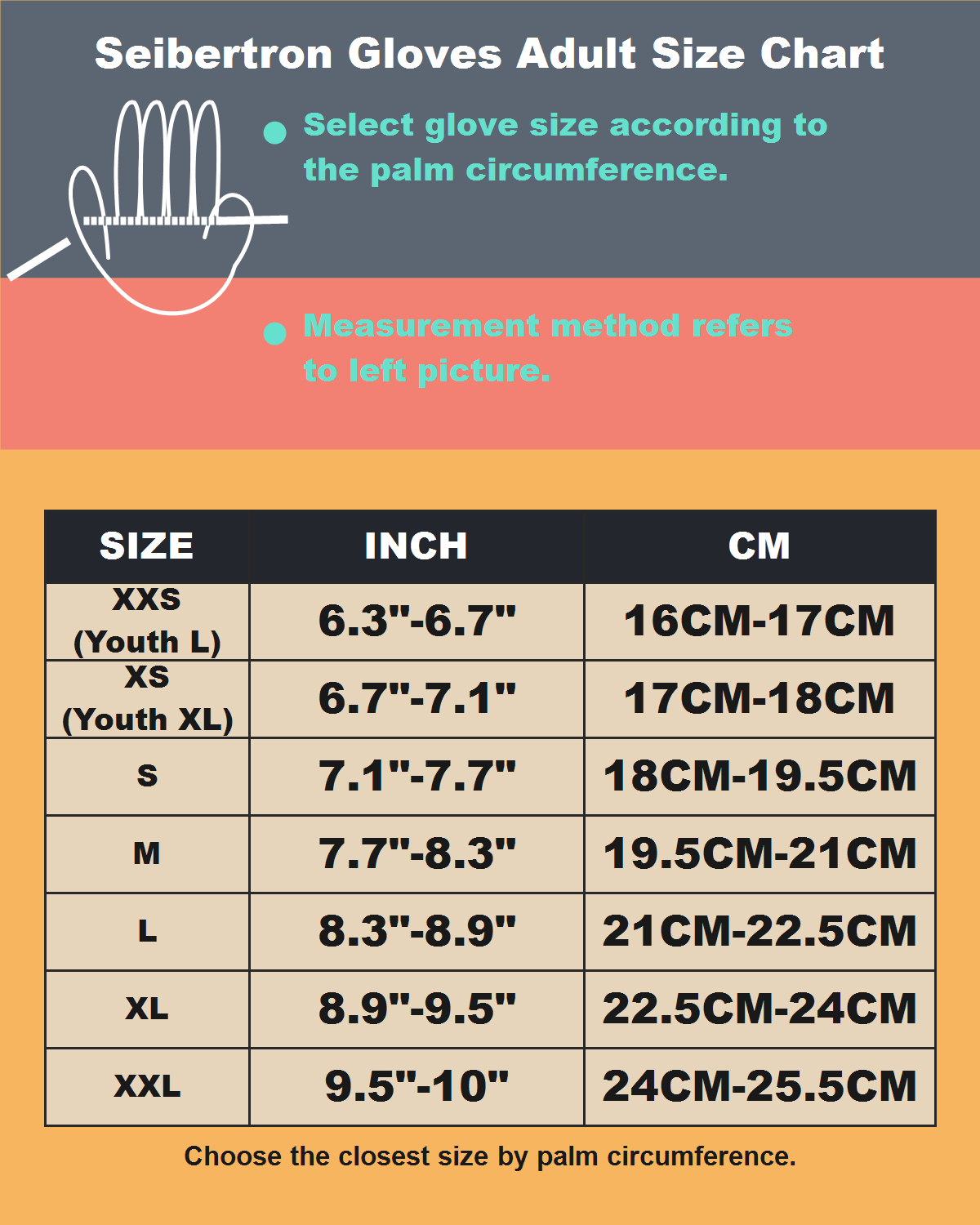 Seibertron P.G.M.G-1 pet grooming glove adult palm circumference size chart