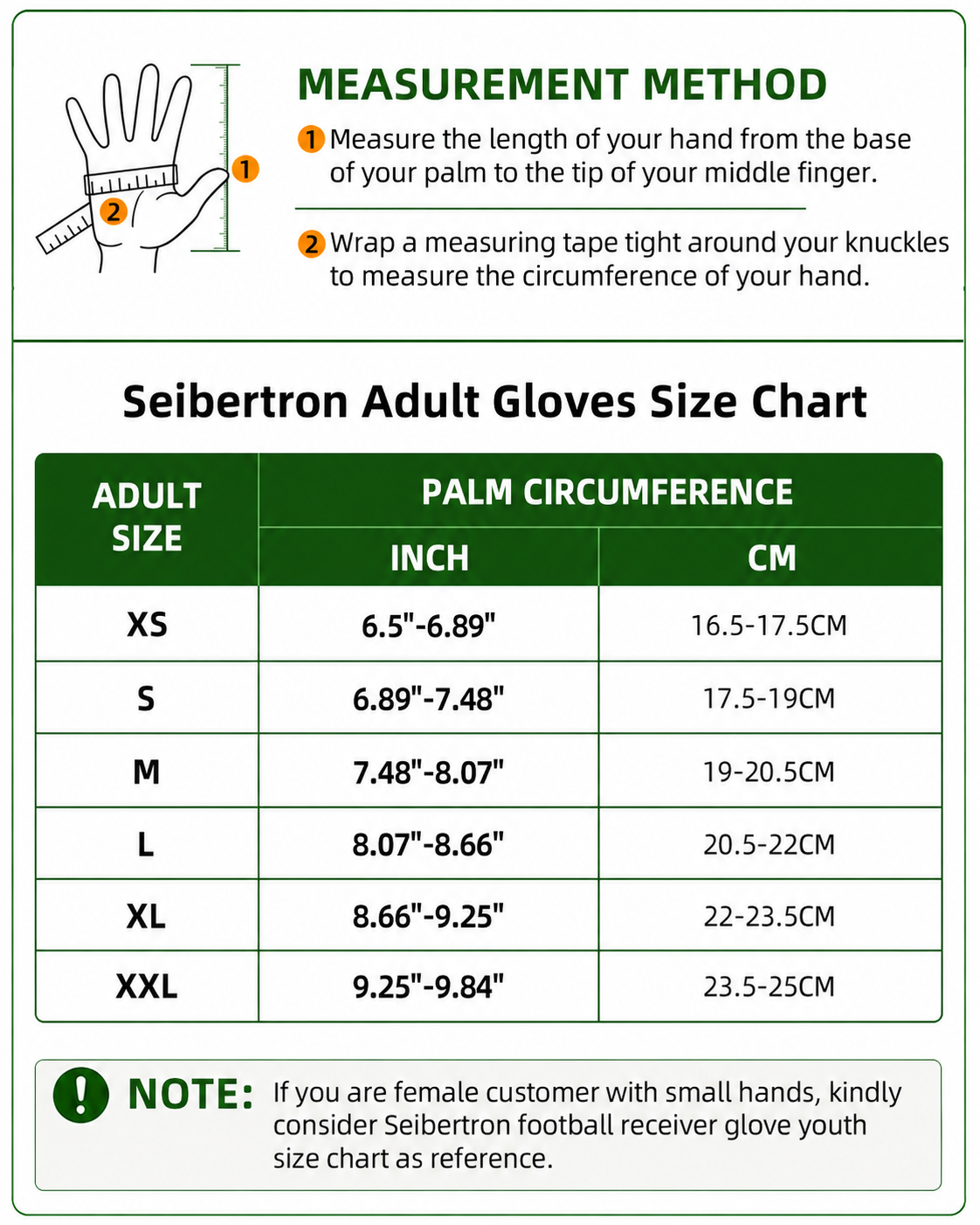 Seibertron sailing half finger gloves adult size chart with hand measurement method
