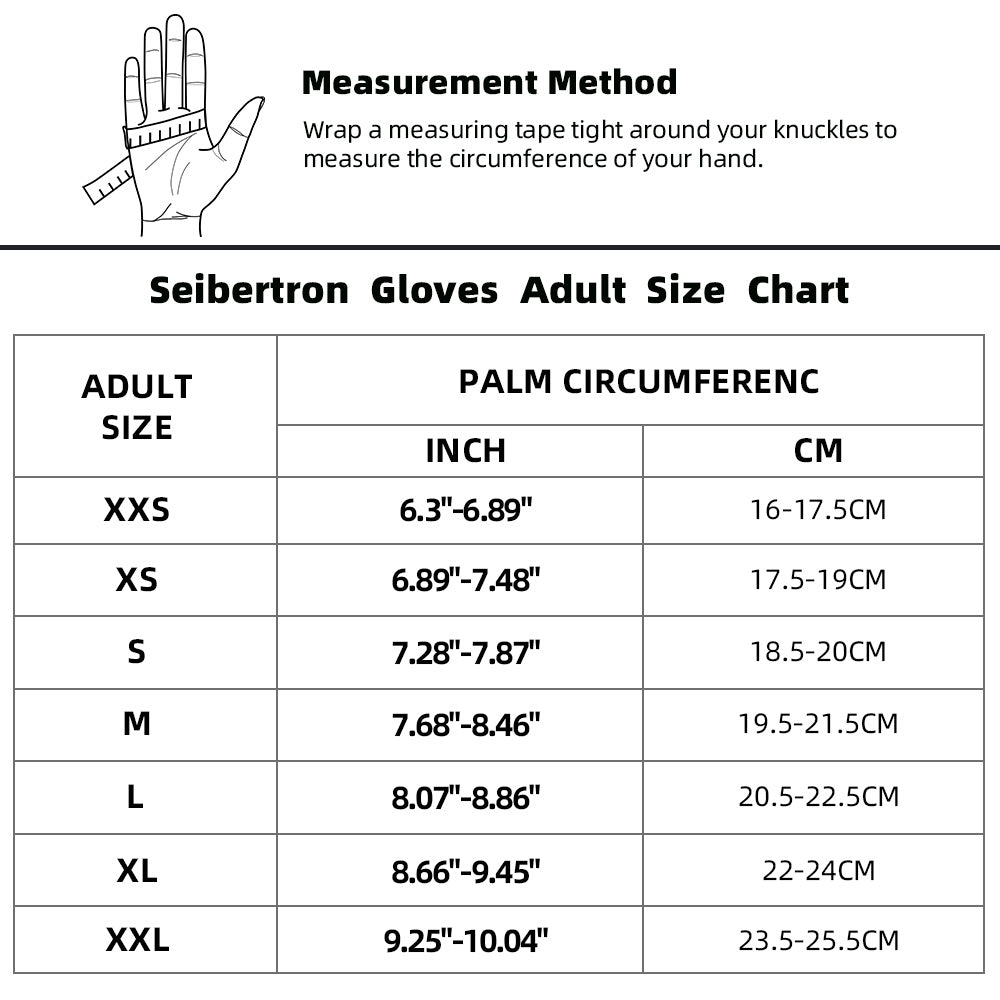 Seibertron S.O.L.A.G-T three fingerless tactical adult gloves size chart with palm circumference measurement method