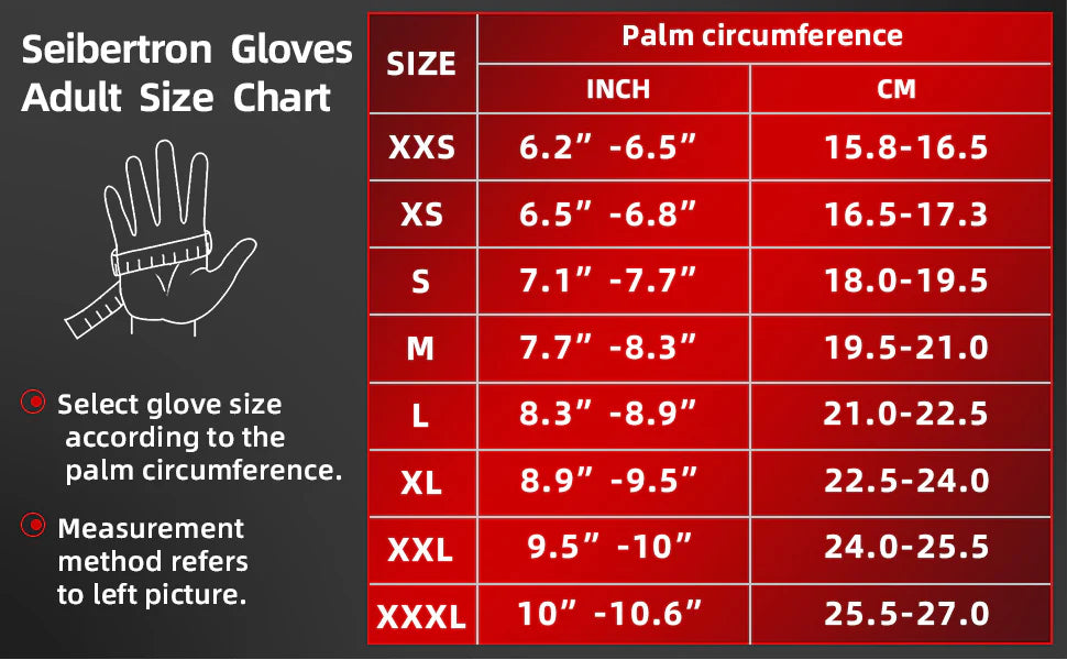 Seibertron rechargeable heated gloves adult size chart