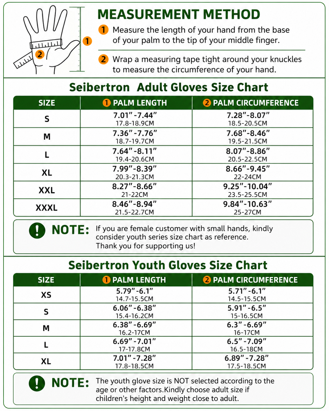 Seibertron SPW-2 adult and youth motorcycle gloves size chart with hand measurement method