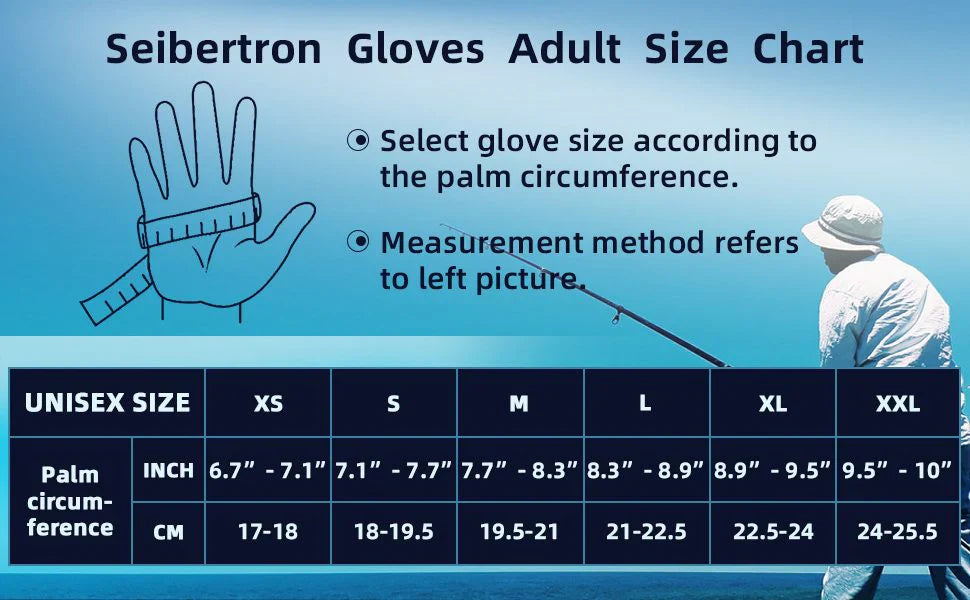 Seibertron W.G.F.G winter fishing gloves adult unisex palm circumference size chart XS to XXL