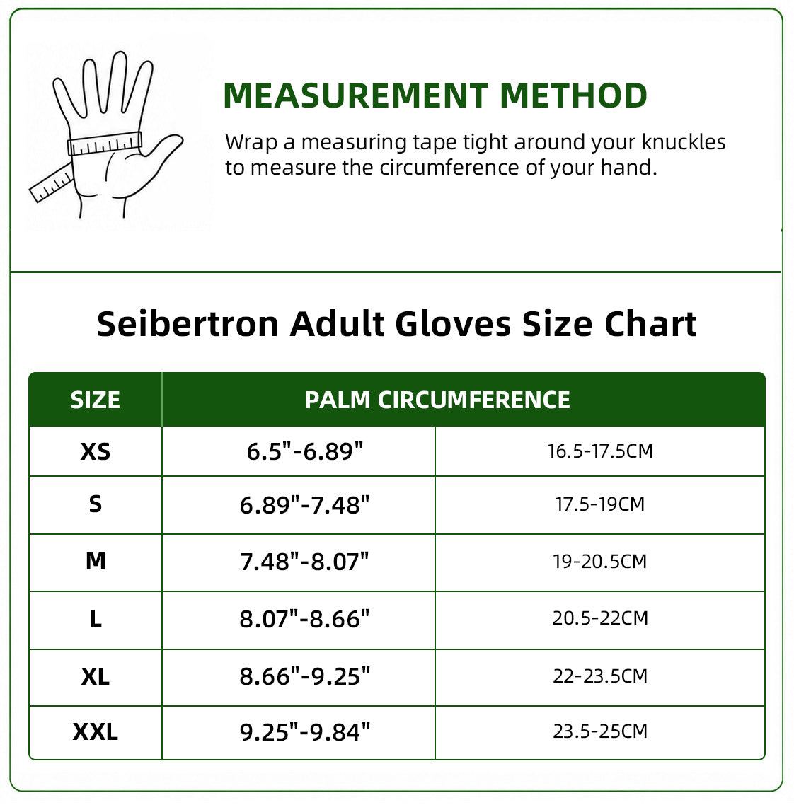 Seibertron sailing half finger gloves adult size chart with hand measurement method