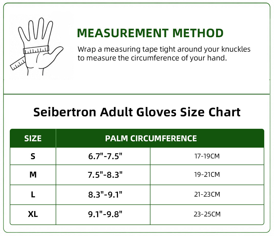 Seibertron SP-2 adult motorcycle gloves palm circumference size chart with hand measurement method