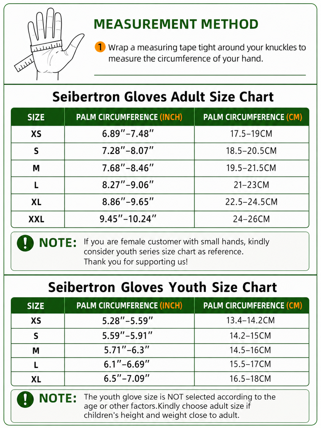 Seibertron S.P.S.G 3 adult and youth half finger sun protection cycling gloves size chart